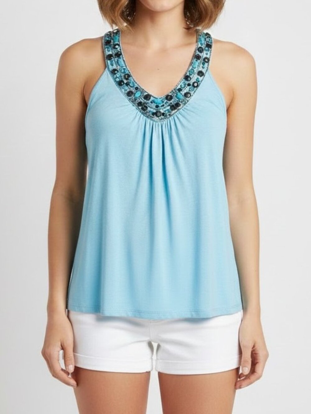 Blue beaded Racer Back Top - Picture 3 of 8